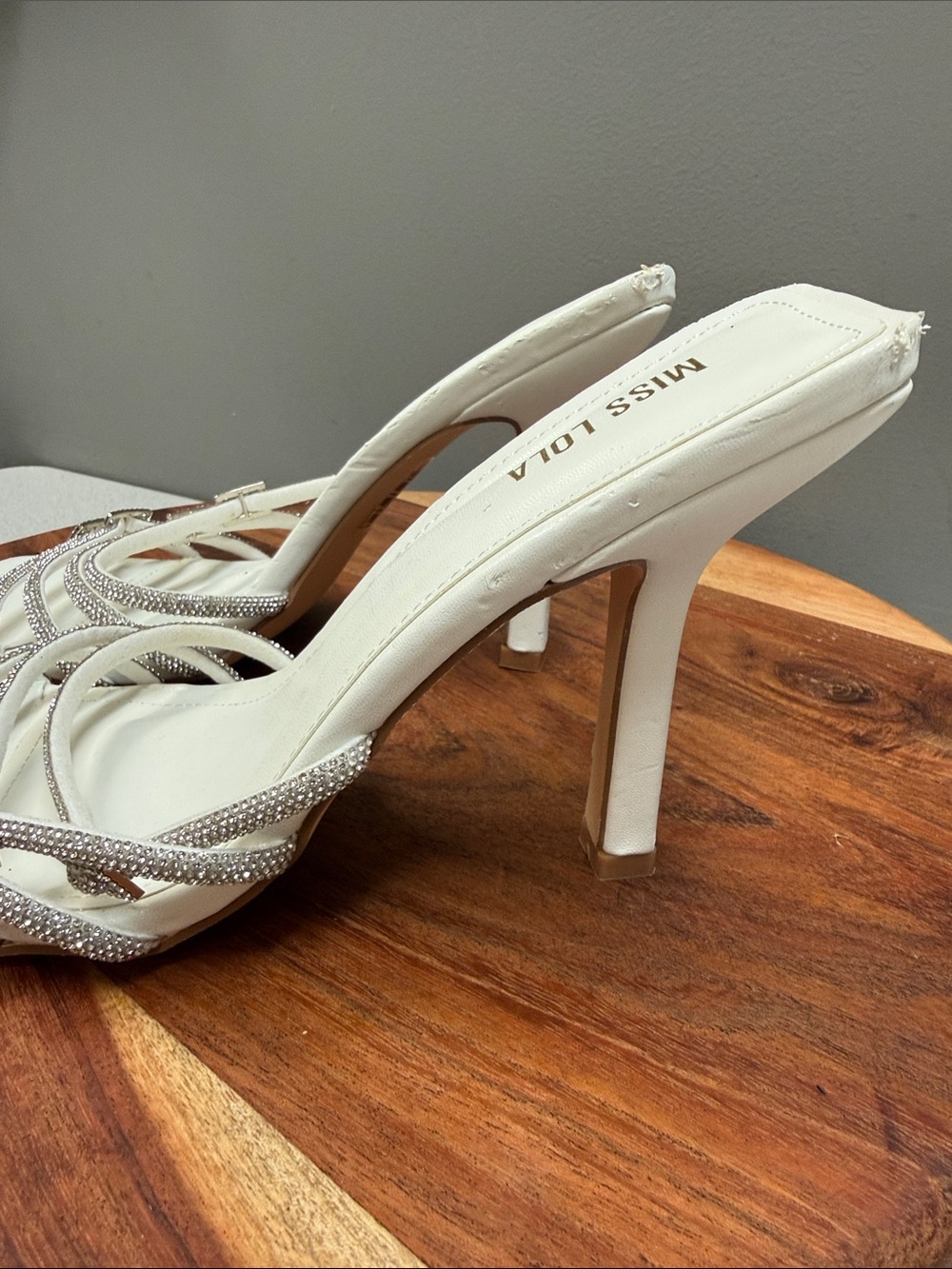 Miss Lola Aurora Rhinestone Strappy Mule Heels White Size 9 Square Toe - Picture 7 of 13